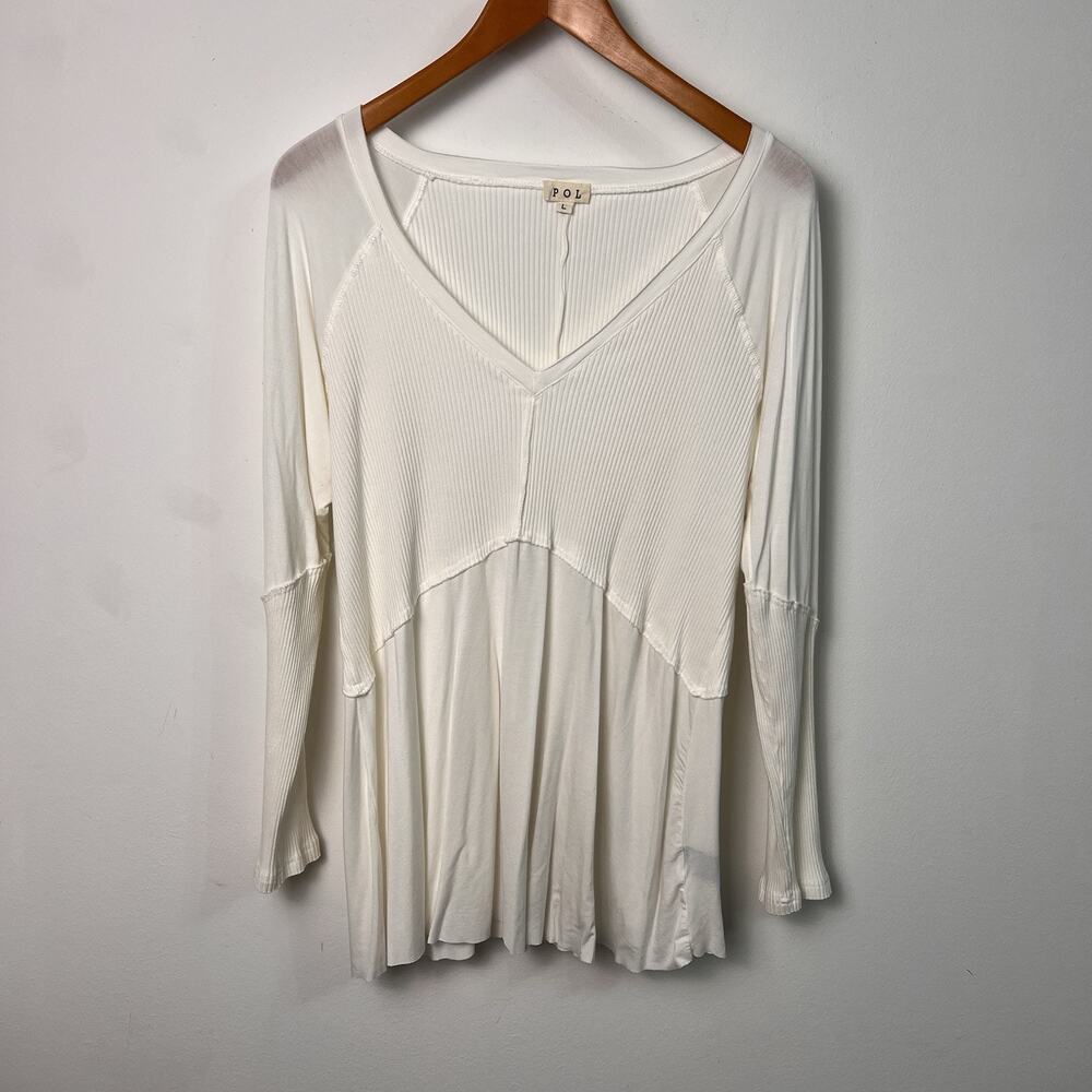 POL Light Wash Rib Textured Long Sleeve Top Blouse Women's Size Large White